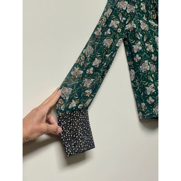 ALLISON NEW YORK Emerald Green Floral Print Tassel Tie Blouse, Sz S - Picture 7 of 12